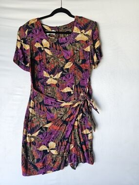 Vtg 90s Betsy's Things Tropical Floral Rayon Wrap Dress Size 8 Purple